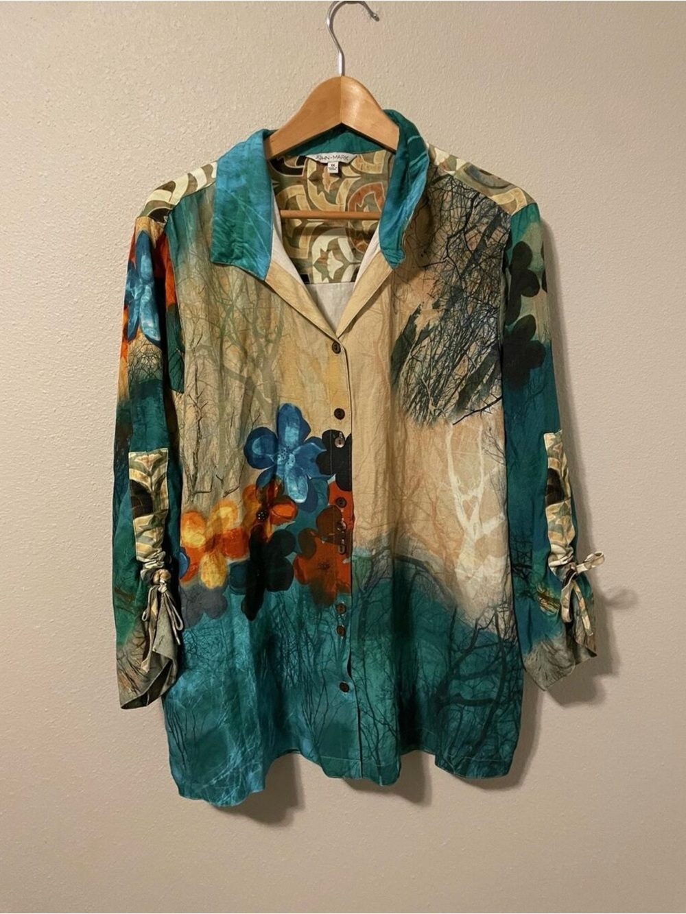 John Mark Colorful Floral-Print Button Front Blouse - Teal Multicolor